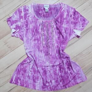Chico's Purple Watercolor Abstract Rhinestone Embellished Short Sleeve Top 2